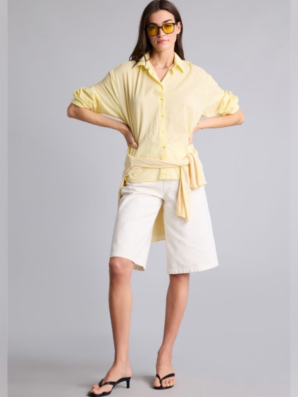 Zara Over- Sized light lemon yellow, fine pin-, striped button down shirt